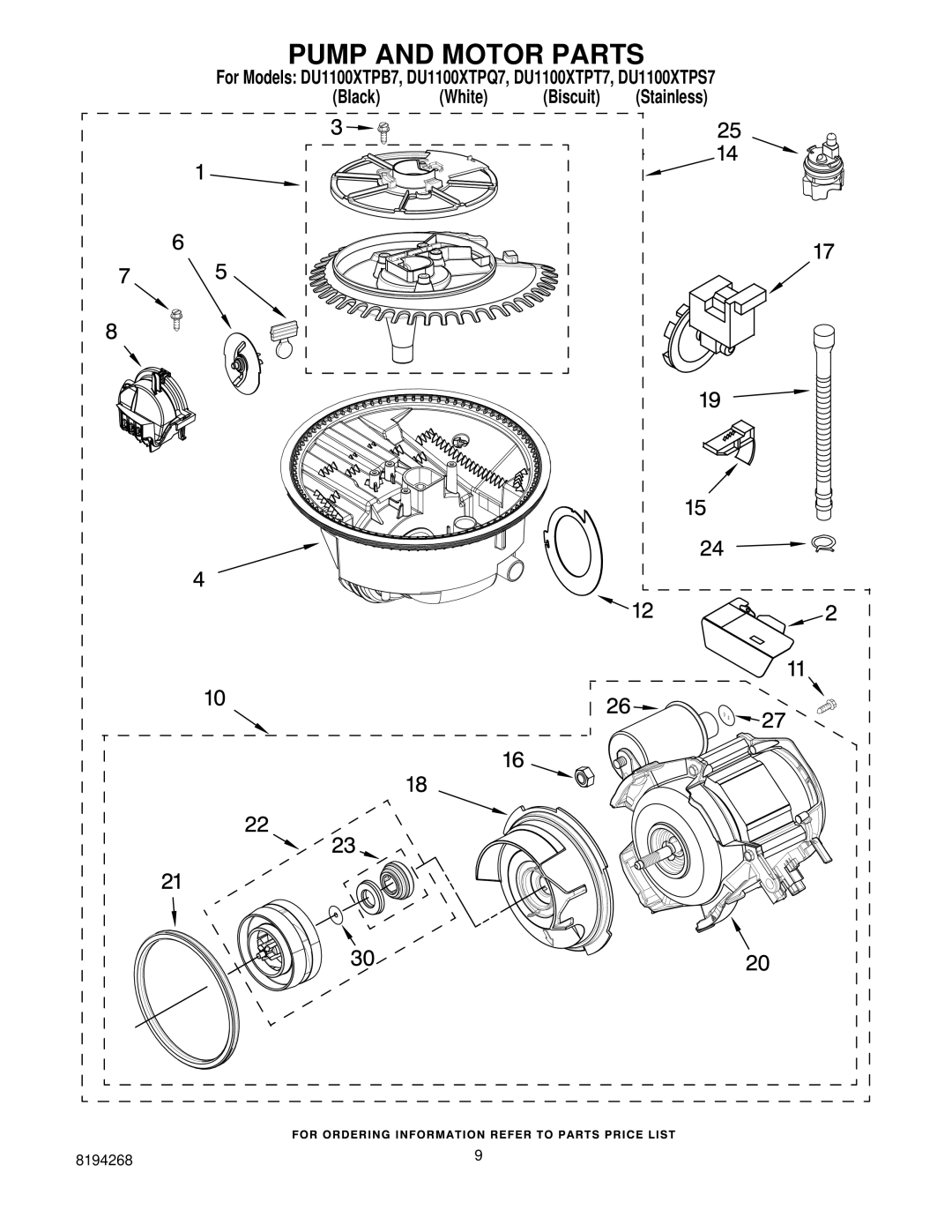 Whirlpool DU1100XTPQ7, DU1100XTPS7, DU1100XTPB7, DU1100XTPT7 manual Pump and Motor Parts 