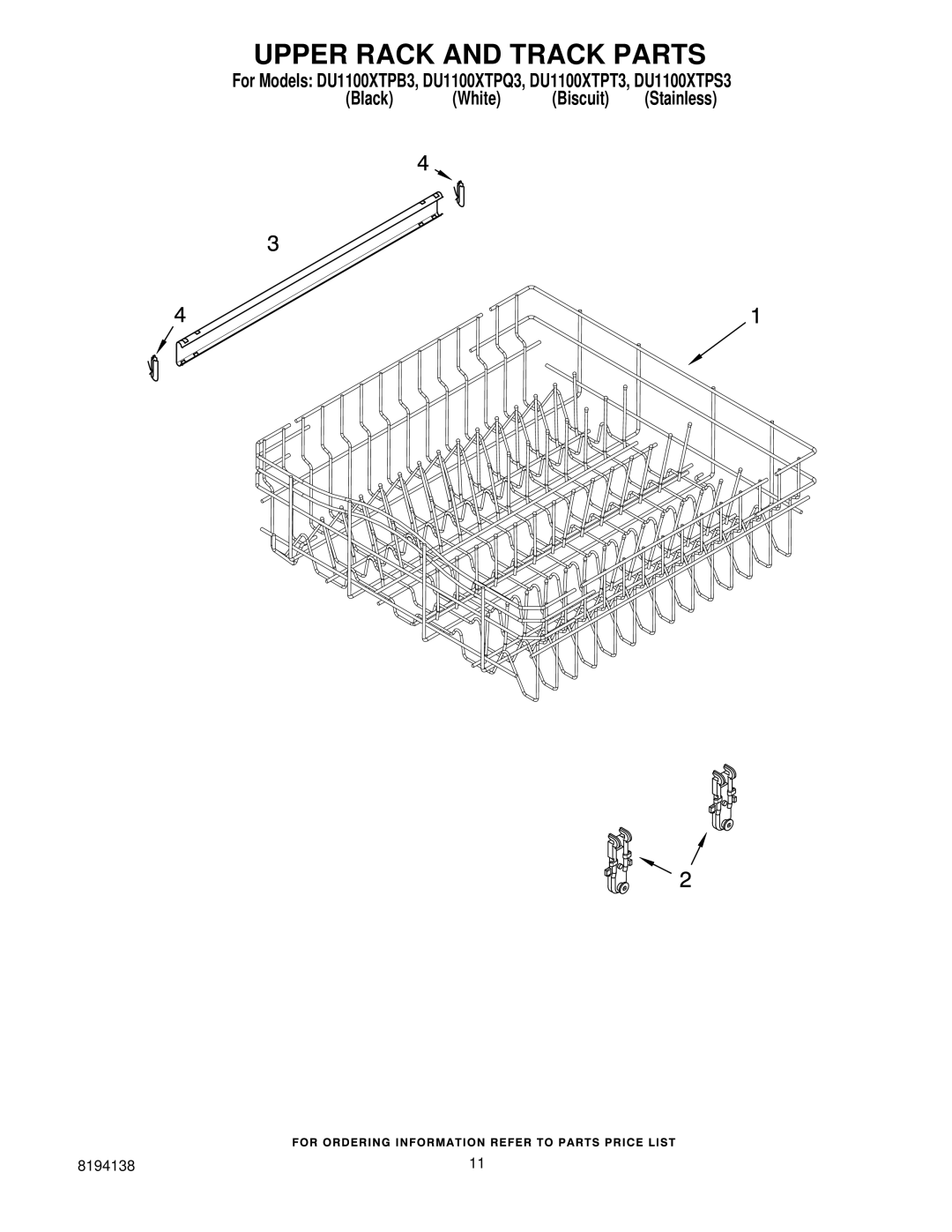 Whirlpool DU1100XTPQ3, DU1100XTPT3, DU1100XTPS3, DU1100XTPB3 manual Upper Rack and Track Parts 