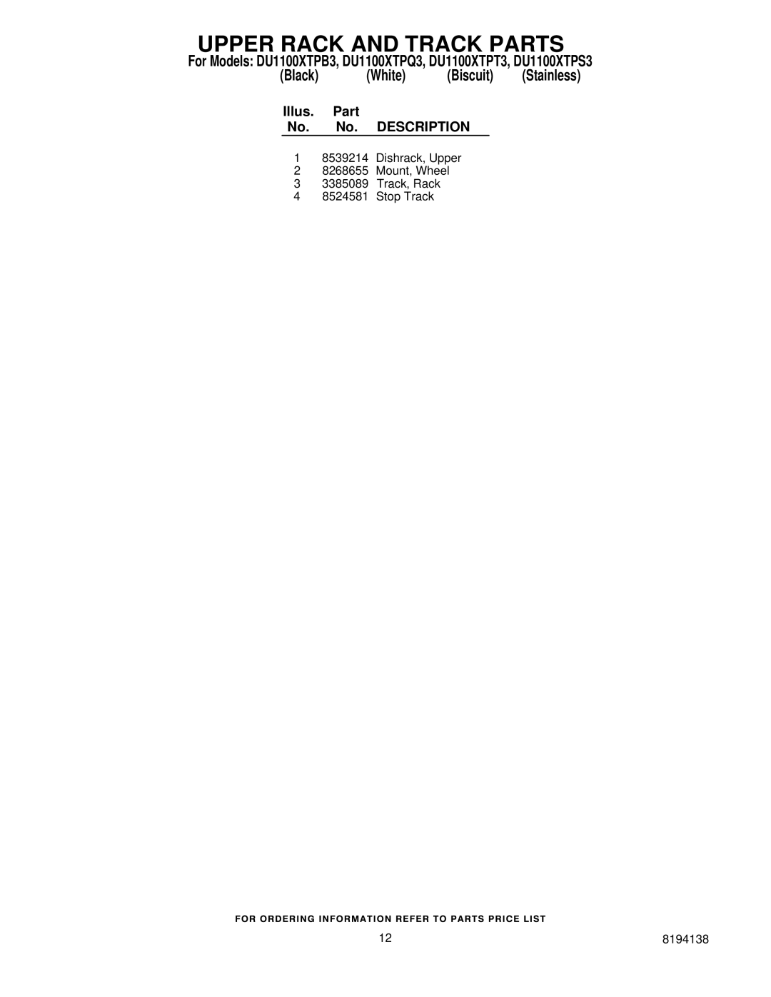Whirlpool DU1100XTPT3, DU1100XTPS3, DU1100XTPB3, DU1100XTPQ3 Dishrack, Upper Mount, Wheel Track, Rack Stop Track 8194138 