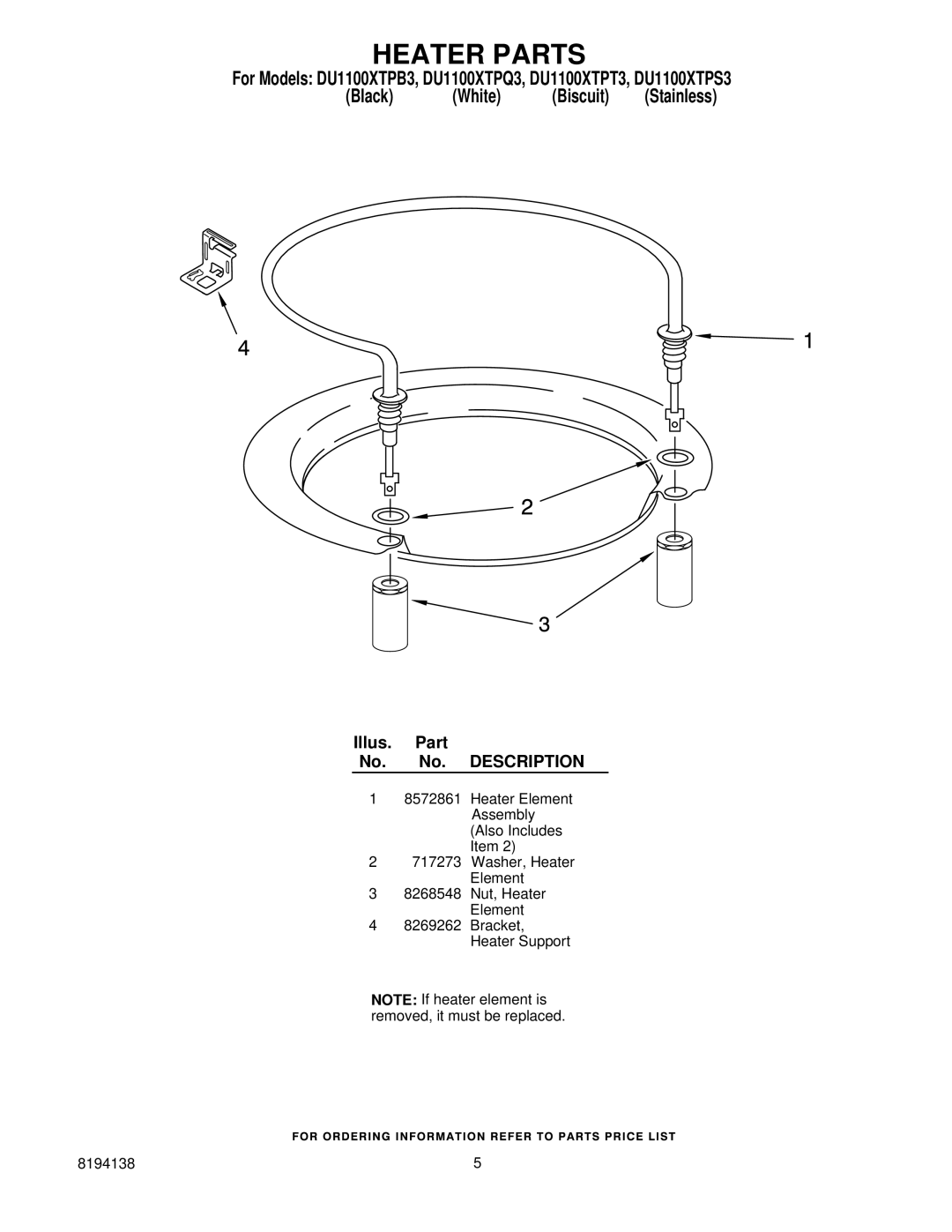 Whirlpool DU1100XTPS3, DU1100XTPT3, DU1100XTPB3, DU1100XTPQ3 manual Heater Parts 