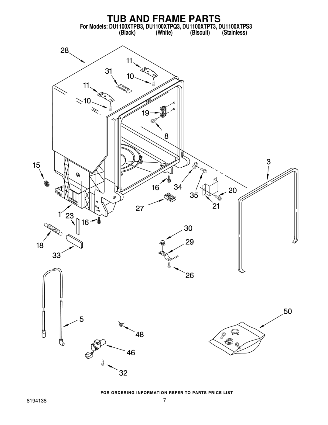 Whirlpool DU1100XTPQ3, DU1100XTPT3, DU1100XTPS3, DU1100XTPB3 manual TUB and Frame Parts 