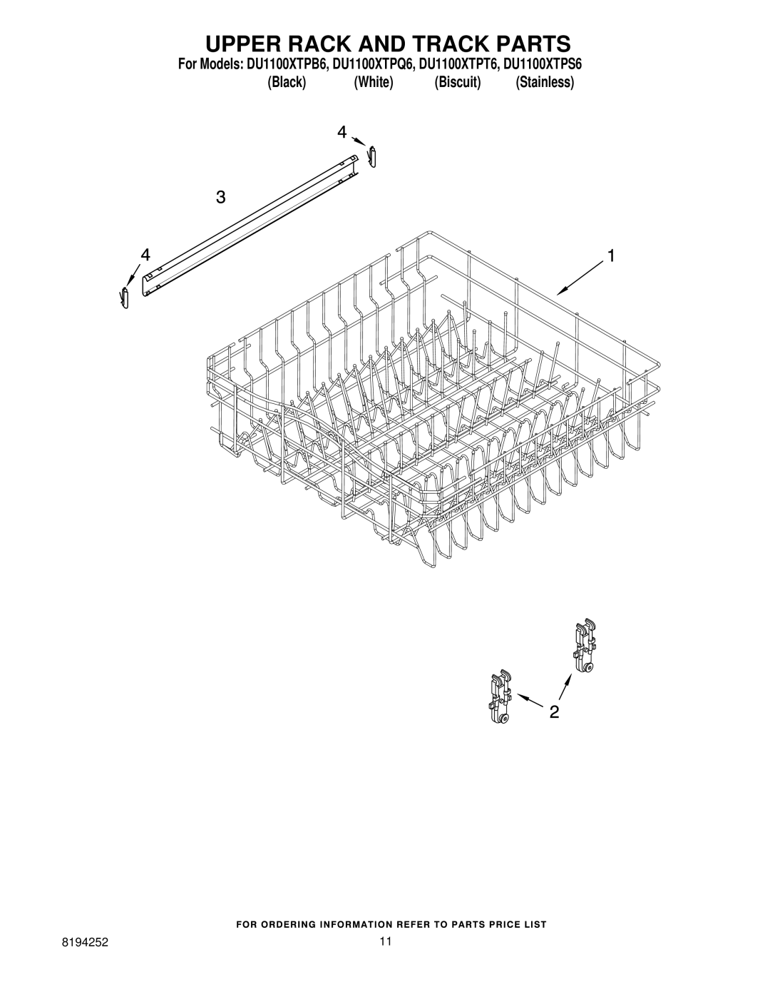 Whirlpool DU1100XTPS6, DU1100XTPT6, DU1100XTPB6, DU1100XTPQ6 manual Upper Rack and Track Parts 