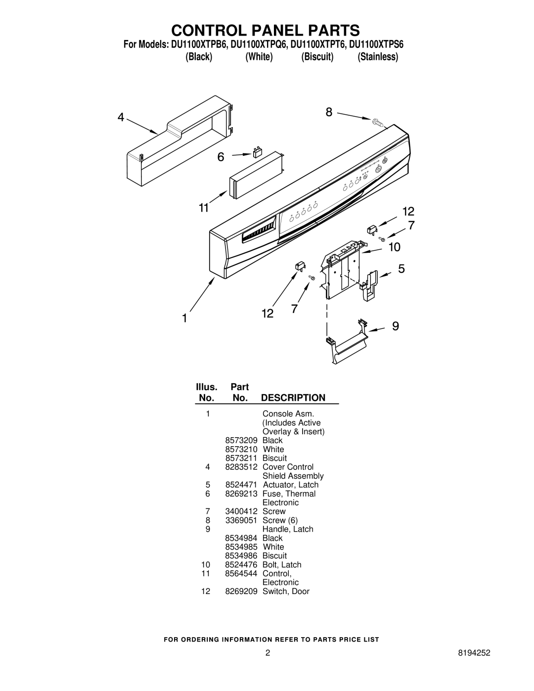 Whirlpool DU1100XTPQ6, DU1100XTPT6, DU1100XTPB6, DU1100XTPS6 manual Control Panel Parts 