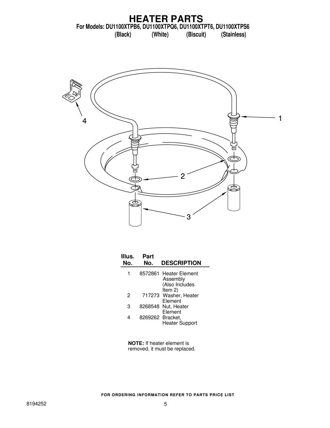 Whirlpool DU1100XTPB6, DU1100XTPT6, DU1100XTPQ6, DU1100XTPS6 manual Heater Parts 