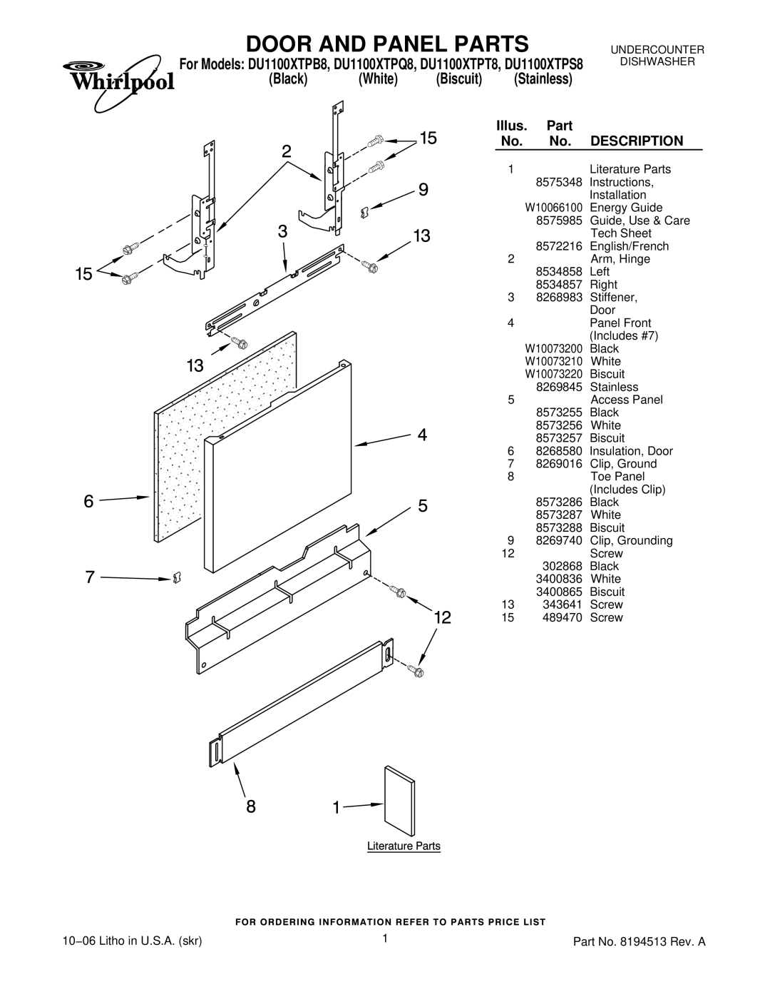 Whirlpool DU1100XTPS8, DU1100XTPT8, DU1100XTPB8, DU1100XTPQ8 manual Door and Panel Parts, Illus. Part No. No. Description 