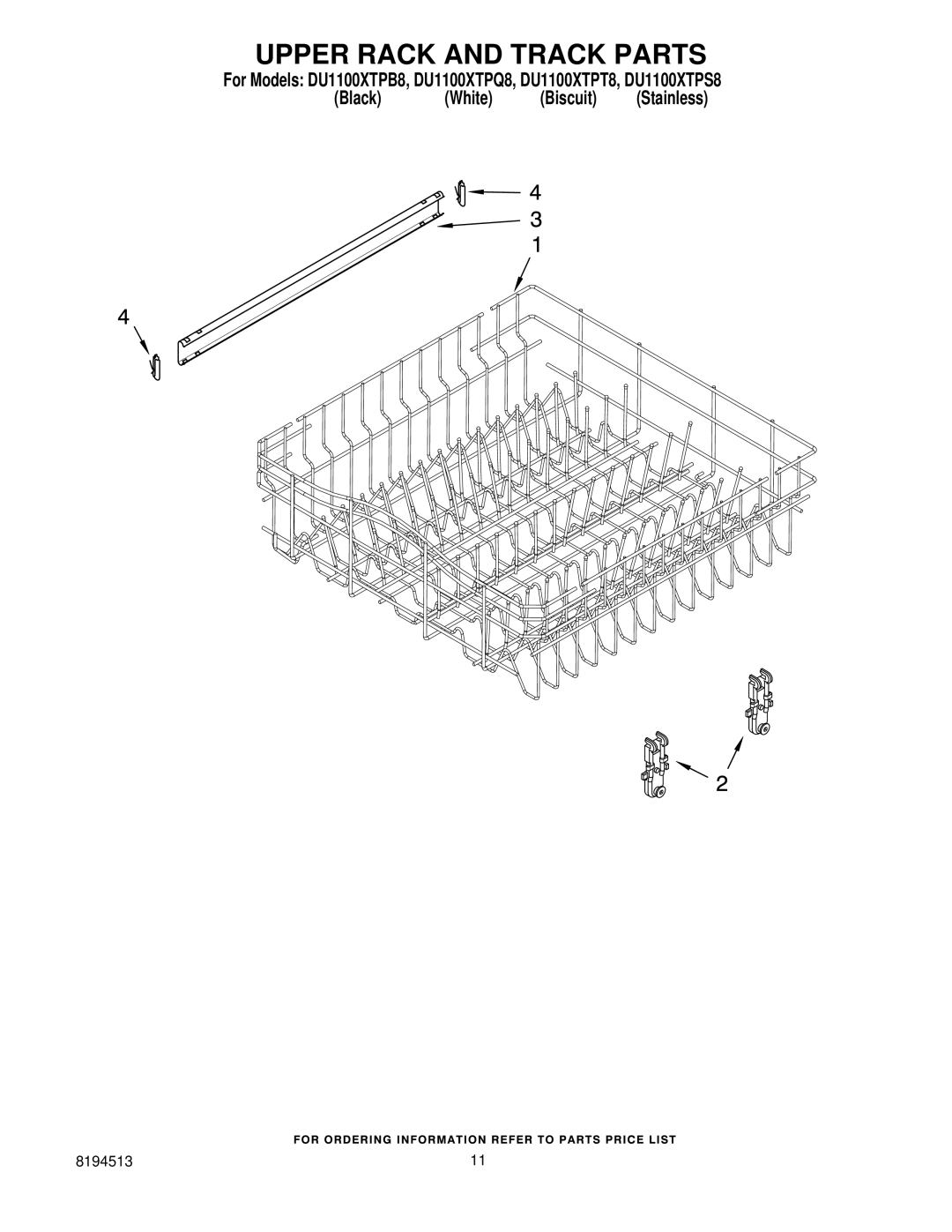 Whirlpool DU1100XTPQ8, DU1100XTPT8, DU1100XTPS8, DU1100XTPB8 manual Upper Rack and Track Parts 