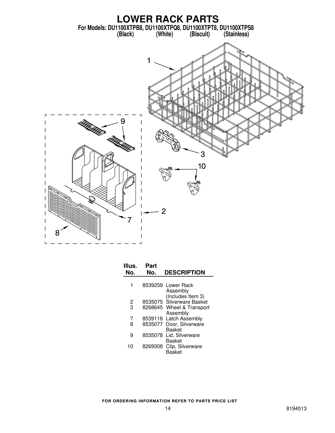 Whirlpool DU1100XTPB8, DU1100XTPT8, DU1100XTPS8, DU1100XTPQ8 manual Lower Rack Parts, White Biscuit 