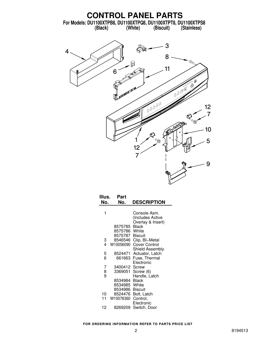 Whirlpool DU1100XTPB8, DU1100XTPT8, DU1100XTPS8, DU1100XTPQ8 manual Control Panel Parts 