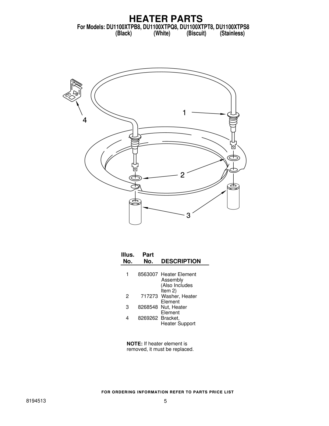 Whirlpool DU1100XTPS8, DU1100XTPT8, DU1100XTPB8, DU1100XTPQ8 manual Heater Parts 