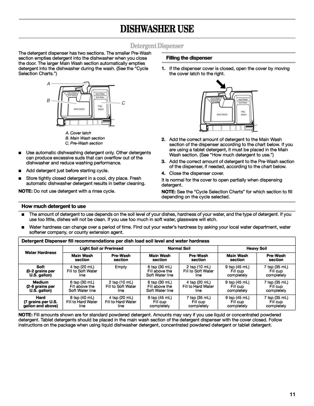 Whirlpool DU1248, DU1200, DU1015 manual Dishwasher Use, DetergentDispenser, Filling the dispenser, How much detergent to use 