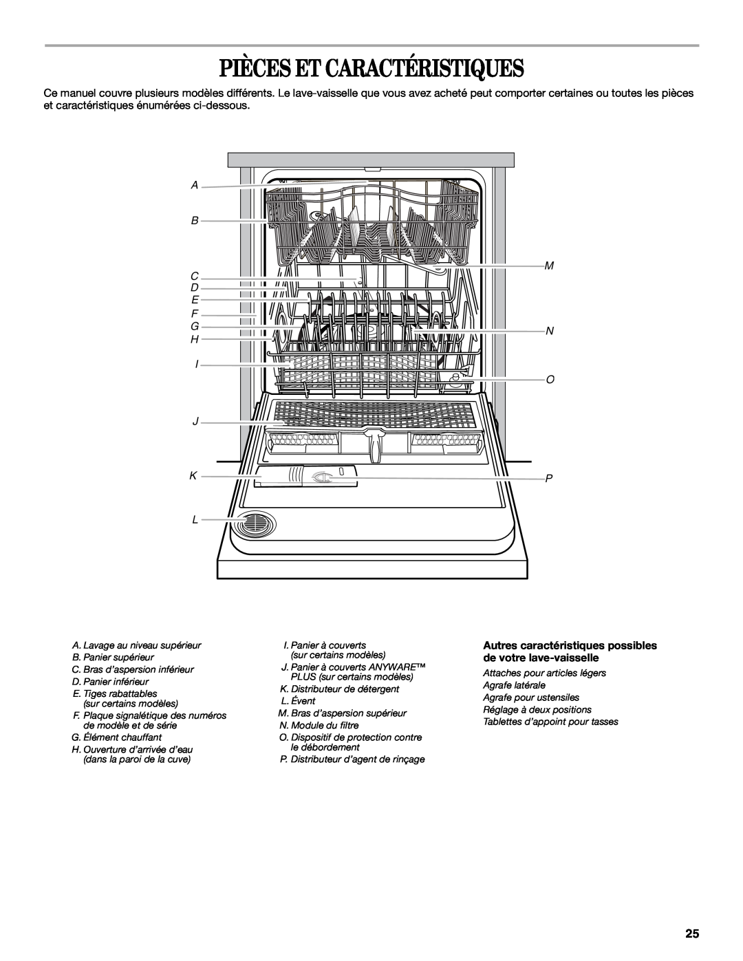 Whirlpool DU1248, DU1200, DU1015 manual Pièces Et Caractéristiques, Autres caractéristiques possibles de votre lave-vaisselle 