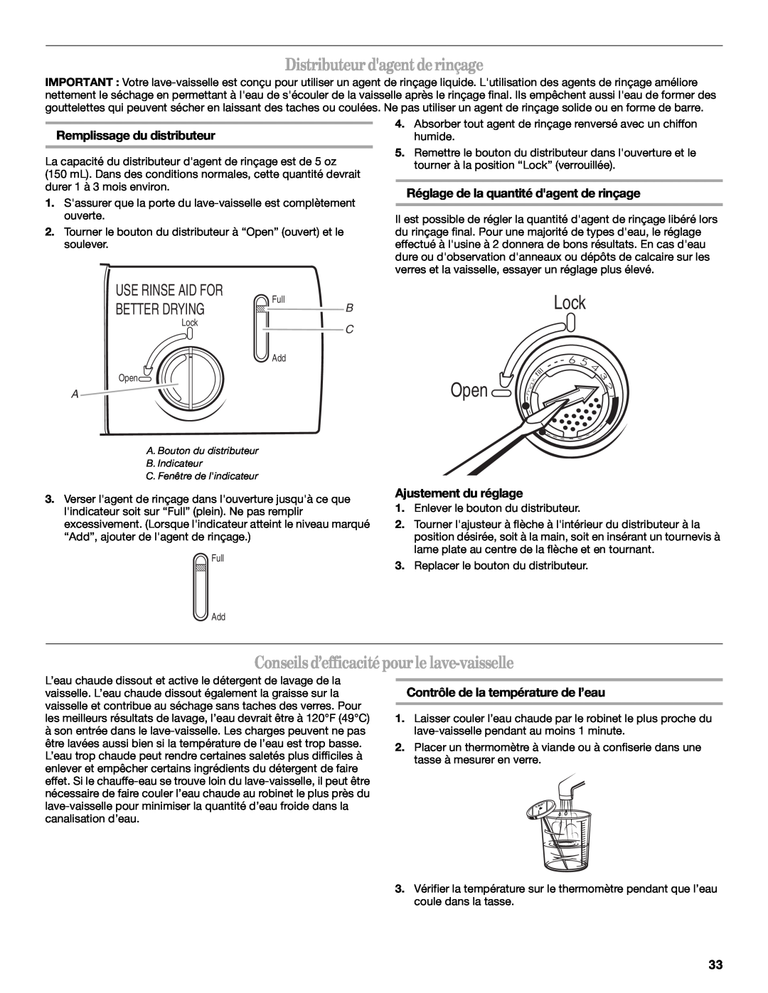 Whirlpool DU1201 Distributeurdagentderinçage, Conseilsd’efficacitépourle lave-vaisselle, Ajustement du réglage, Lock, Open 