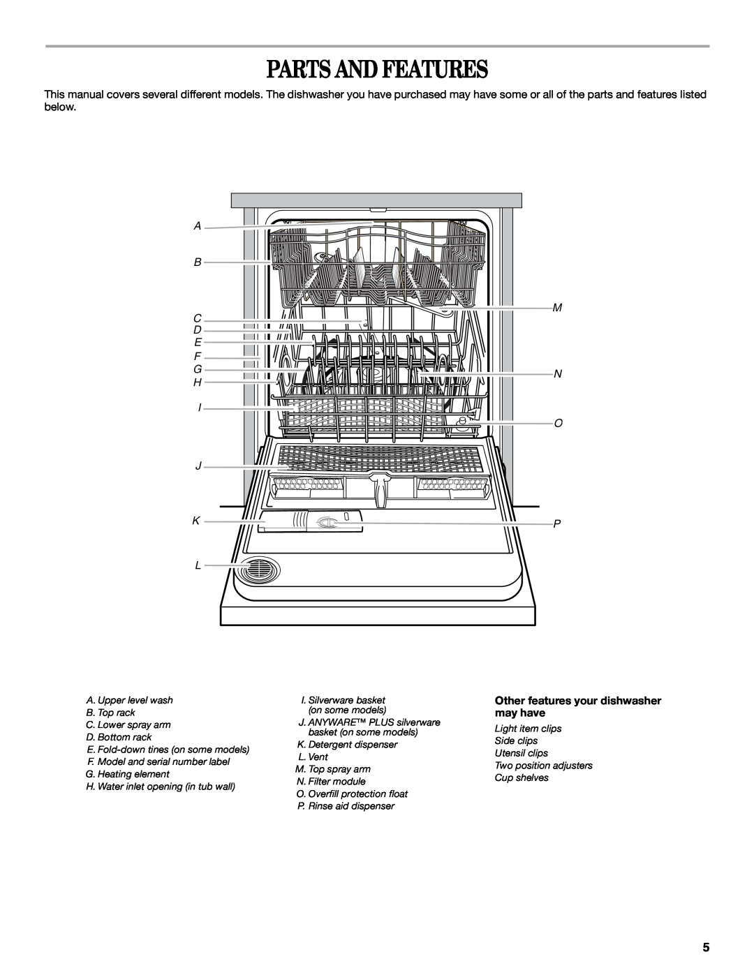 Whirlpool DU1100, DU1200, DU1148, DU1145, DU1015, DU1055, DU1101, DU1248, DU1201, DU1245, DUL240 manual Parts And Features, may have 