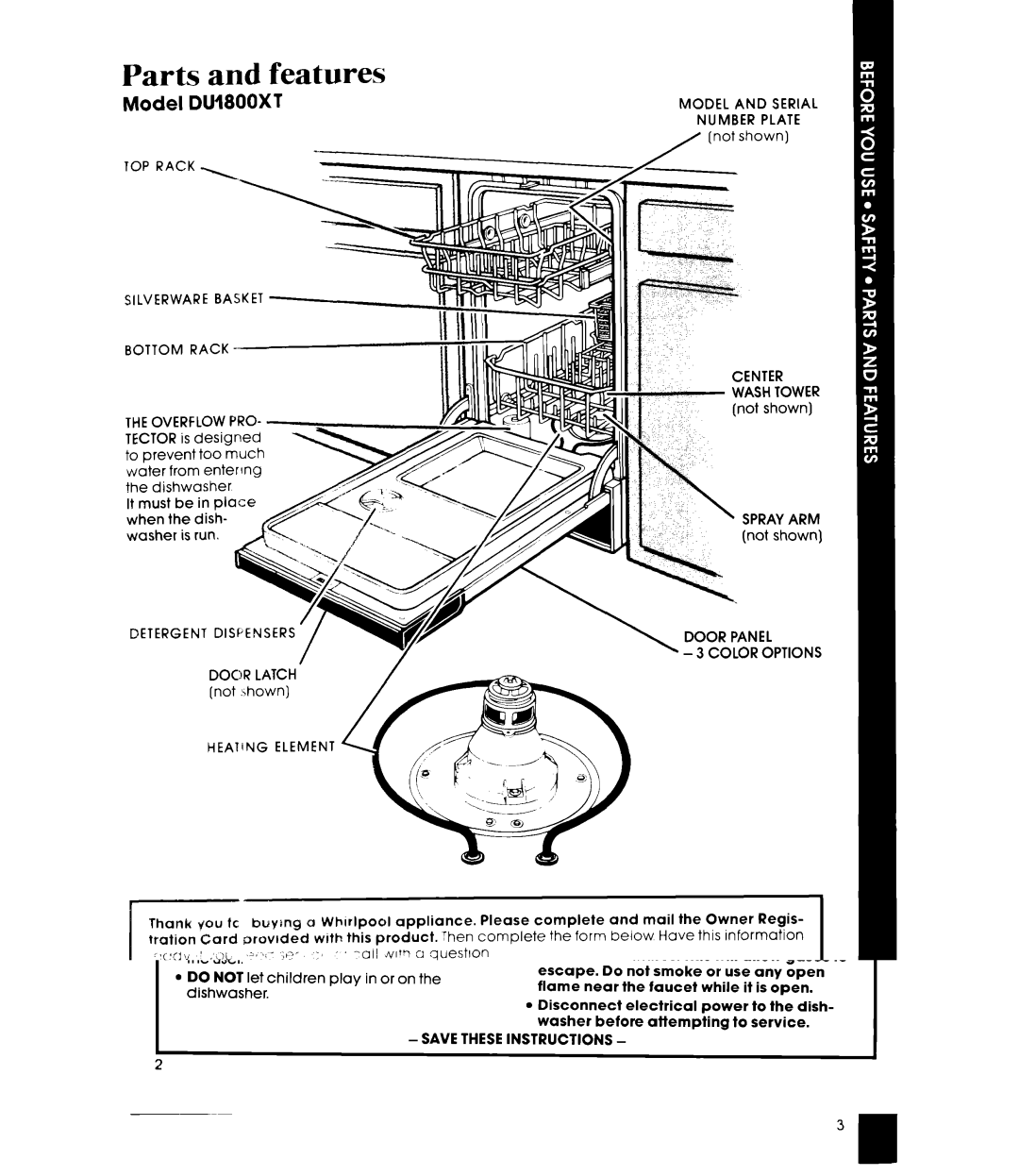 Whirlpool DU1800XT manual Parts and features, Model DUl800XT 