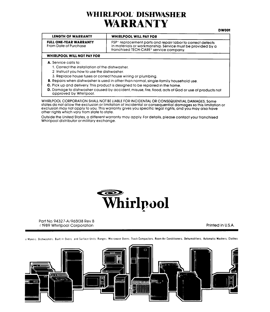 Whirlpool DU1800XT manual Warranty, Whirlpool’ Dishwasher 