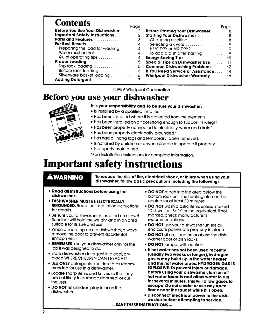 Whirlpool DU1800XT manual Important safety instructions, Contents, Before you use your dishwasher 