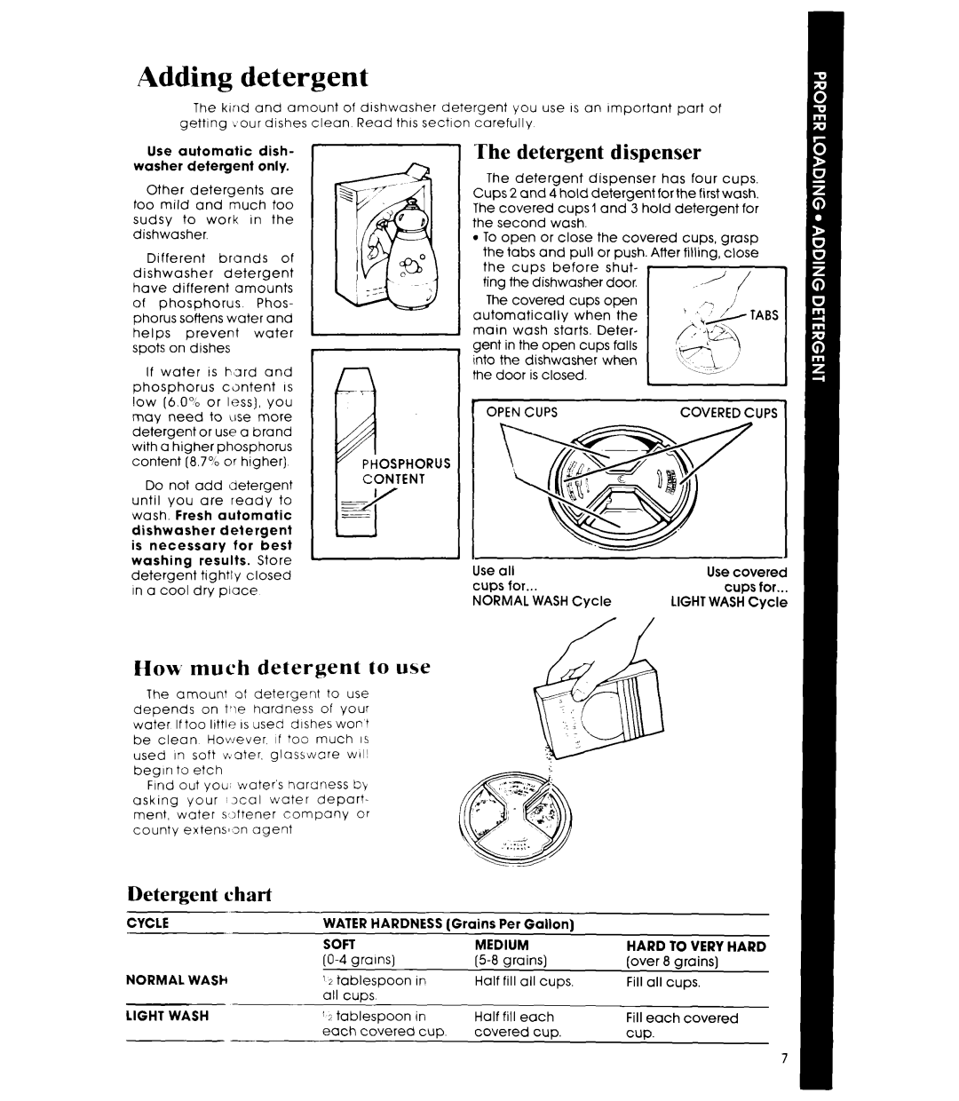 Whirlpool DU1800XT manual Adding detergent, The detergent dispenser, How much detergent to use, Detergent chart 