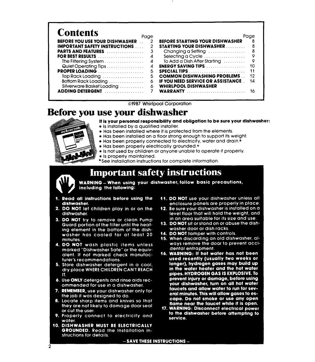 Whirlpool DU2000XS, DU2016XS manual Contents 