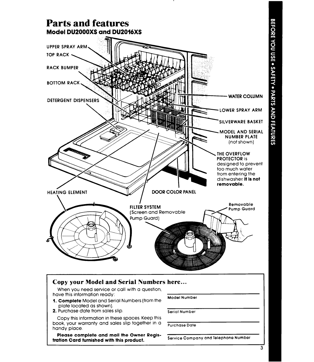 Whirlpool manual Parts and features, Model DU2000XS and DU2016XS 