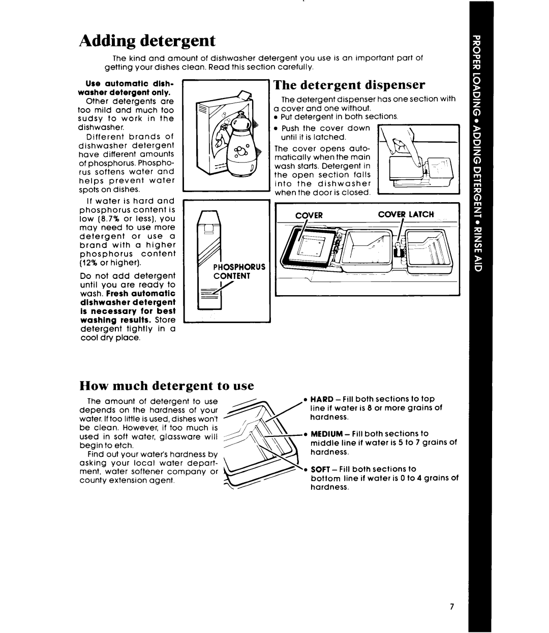 Whirlpool DU2016XS, DU2000XS manual Adding detergent, Detergent dispenser, How much detergent to use 