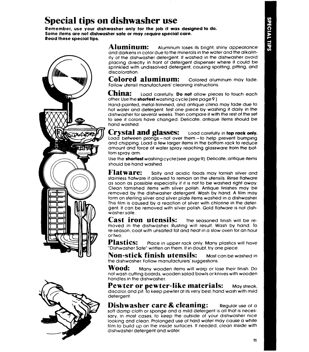 Whirlpool DP3801XL, DU3003XL, DU3016XL manual Special tips on dishwasher use 