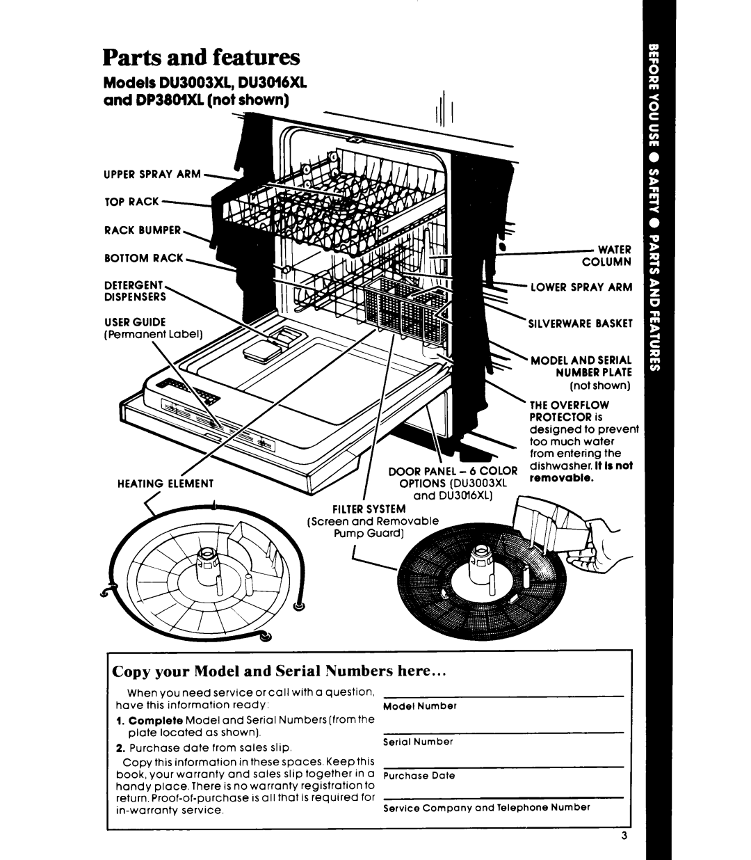 Whirlpool DU3003XL, DU3016XL, DP3801XL manual Parts and features, Copy your Model and Serial Numbers here 