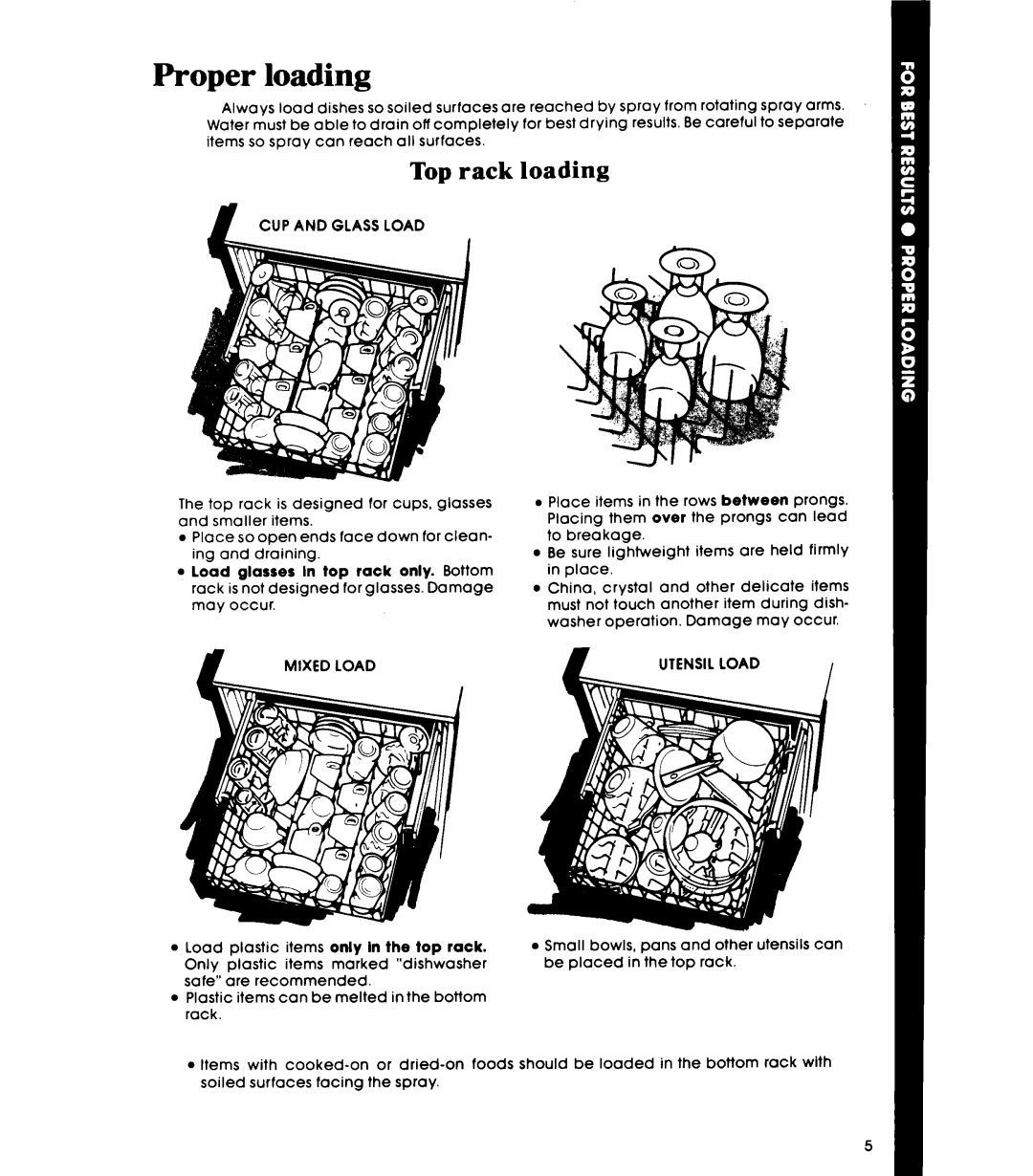 Whirlpool DP3801XL, DU3003XL, DU3016XL manual Proper loading, Top rack loading, CUP and Glass Load, Mixed Load, Utensil Load 