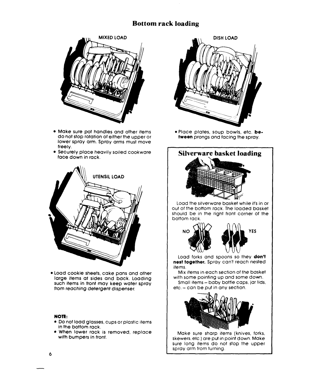 Whirlpool DU3003XL, DU3016XL, DP3801XL manual Bottom rack loading, Silverware basket loading, Yes 