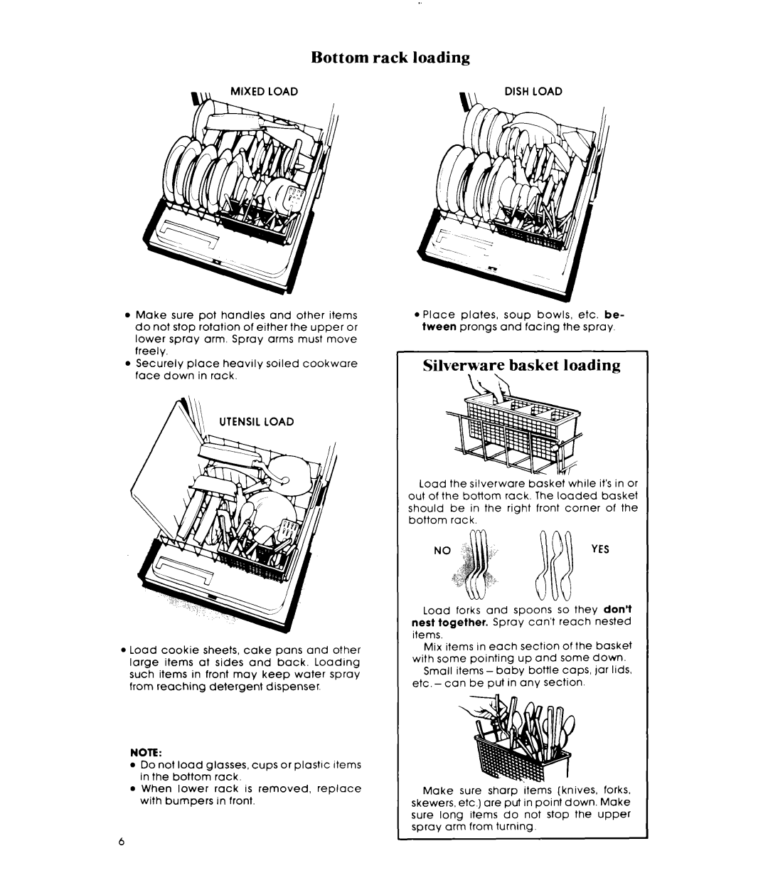 Whirlpool DU3040XP manual Bottom rack loading, SilverwaFe basket loading 