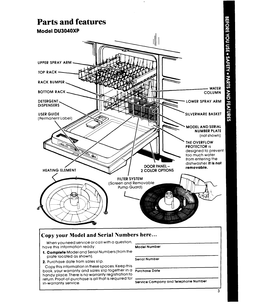 Whirlpool manual Parts and features, Copy your Model and Serial Numbers here, Model DU3040XP 