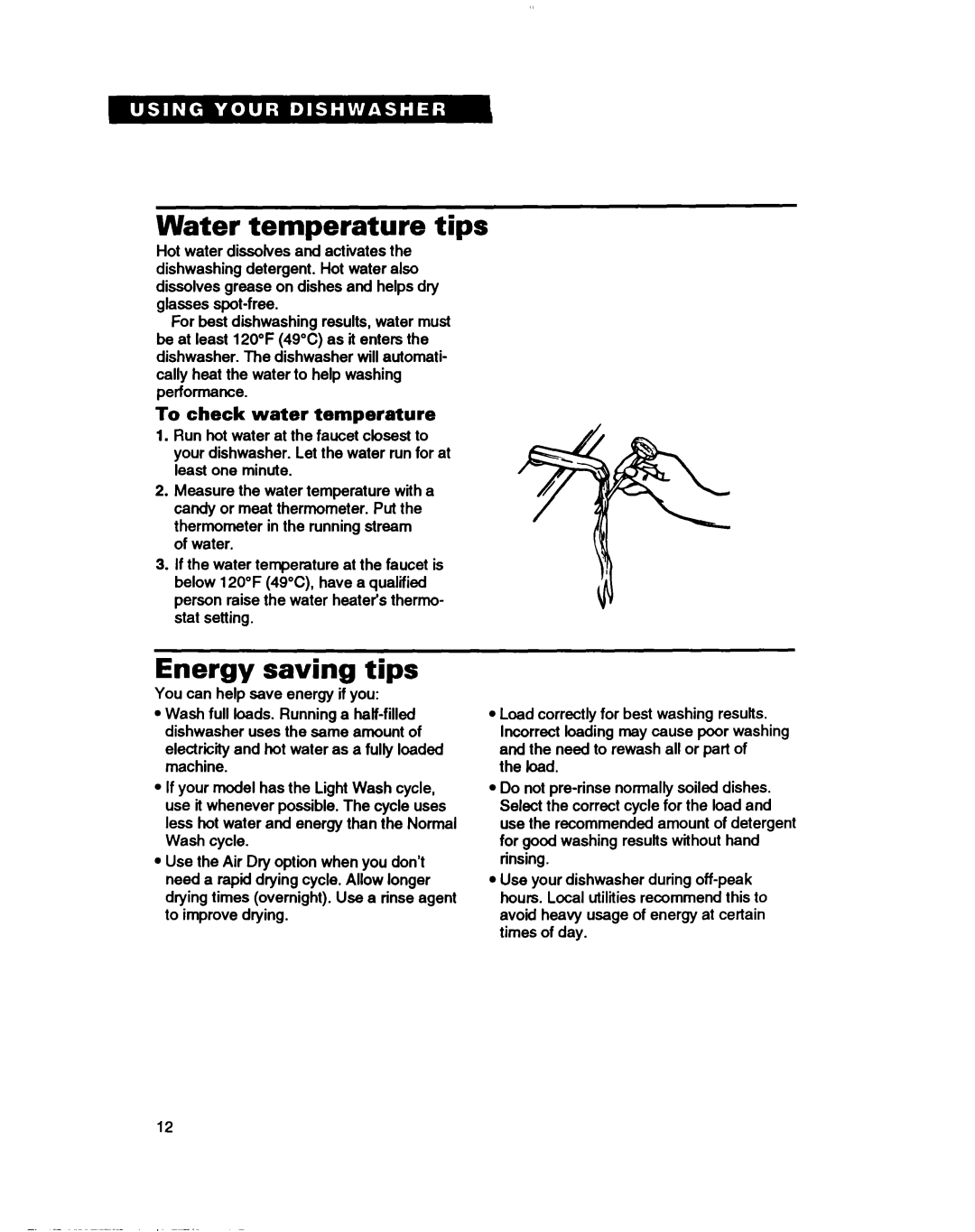 Whirlpool DU4000, DU8400, DU8100, DU8000 warranty Water temperature tips, Energy saving tips, To check water temperature 