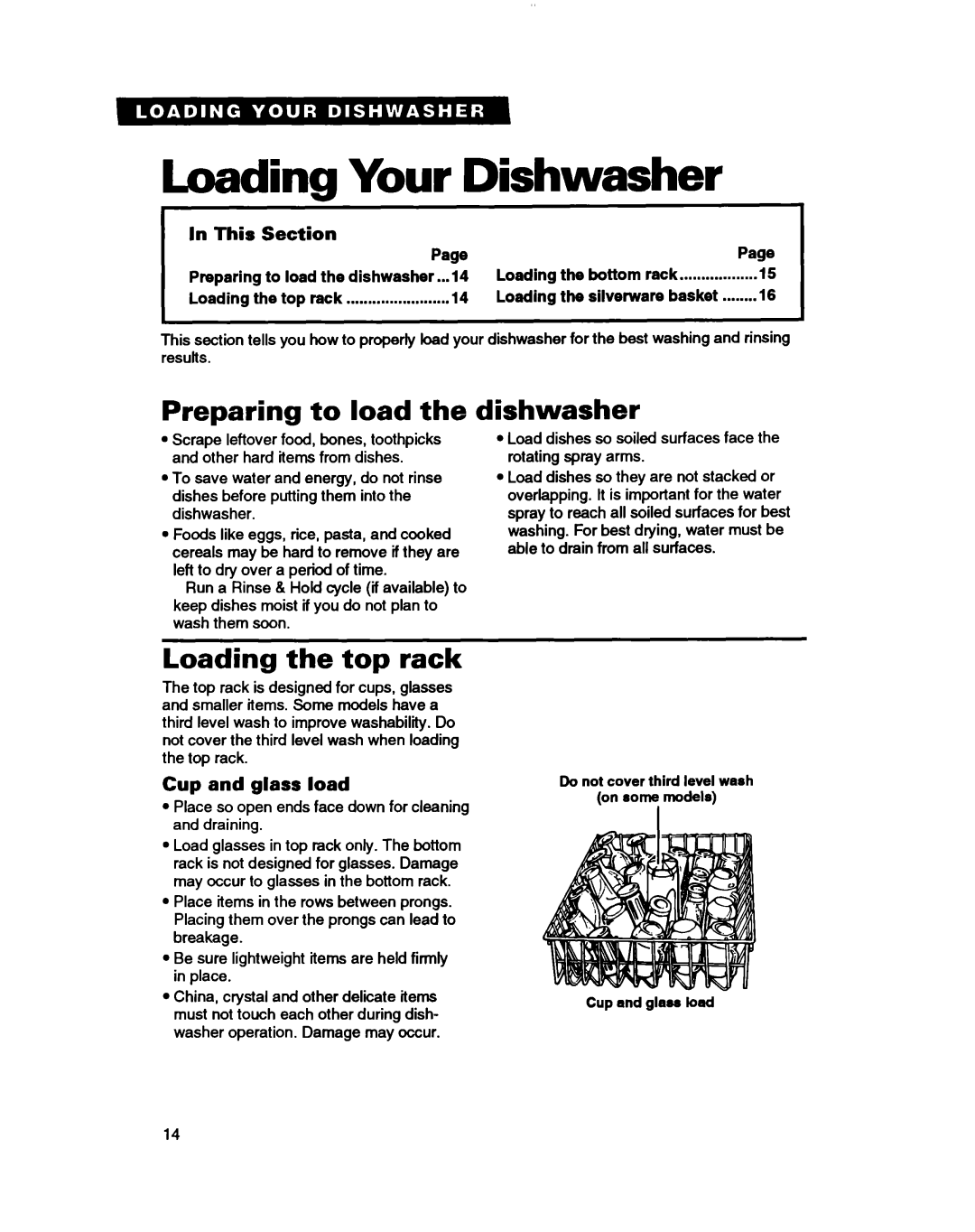 Whirlpool DU8100, DU4000, DU8400 Loading Your Dishwasher, Preparing to load, Loading the top rack, Cup and glass load 