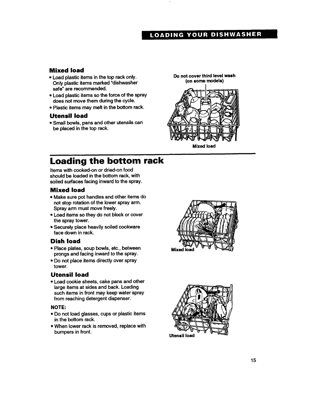 Whirlpool DU8000, DU4000, DU8400, DU8100 warranty Loading the bottom rack, Mixed load, Utensil load, Dish load 