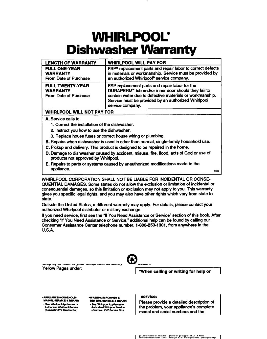 Whirlpool DU4000, DU8400, DU8100, DU8000 warranty Warranty 