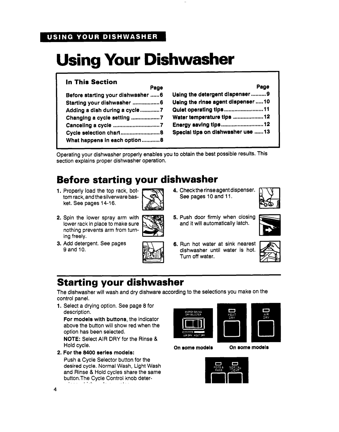 Whirlpool DU8100, DU4000 Using Your Dishwasher, Before starting your dishwasher, Starting your dishwasher, This Section 