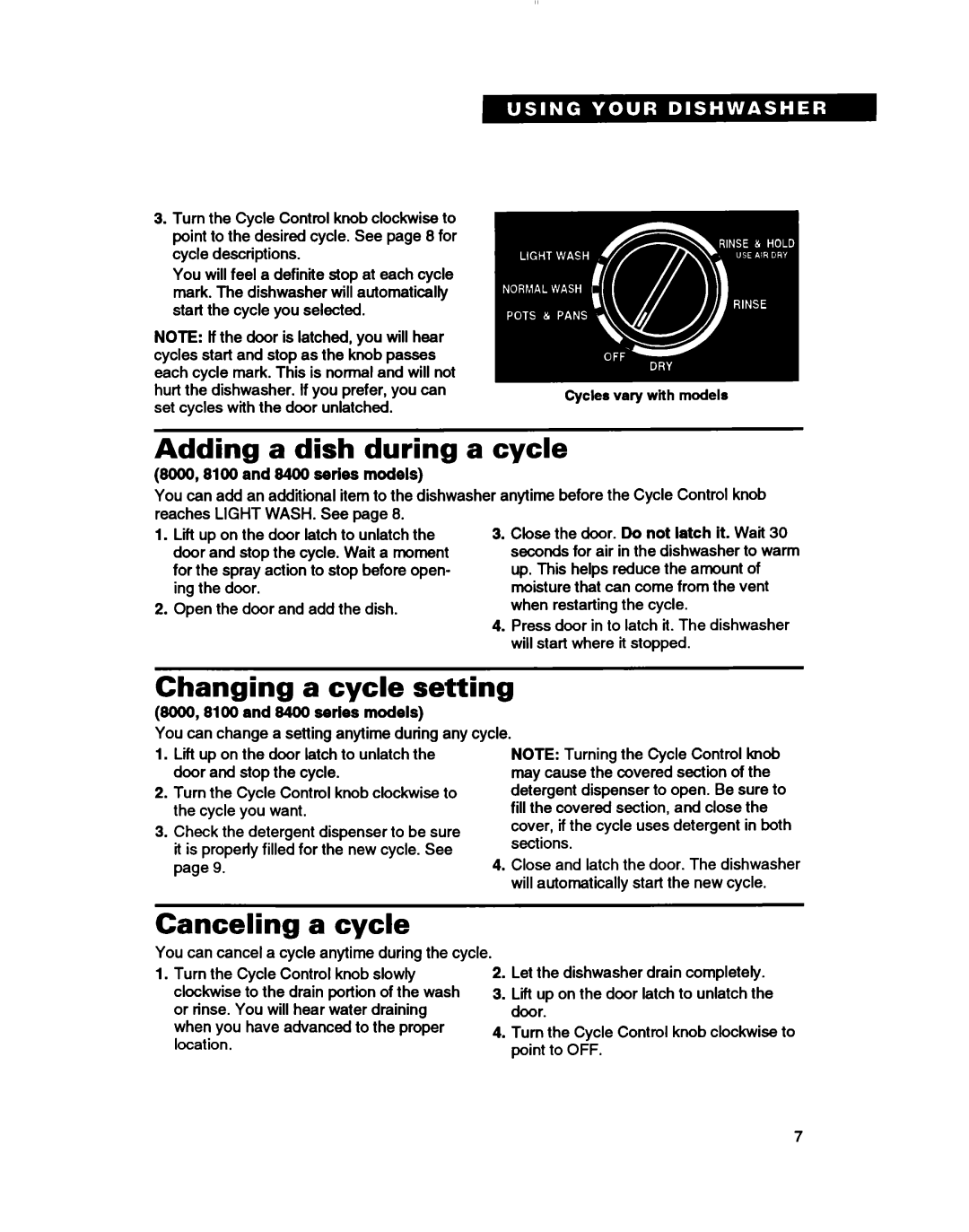 Whirlpool DU8000, DU4000 Adding a dish during a cycle, Cycle Setting, Canceling a cycle, 8000,8100 and 8400 series models 