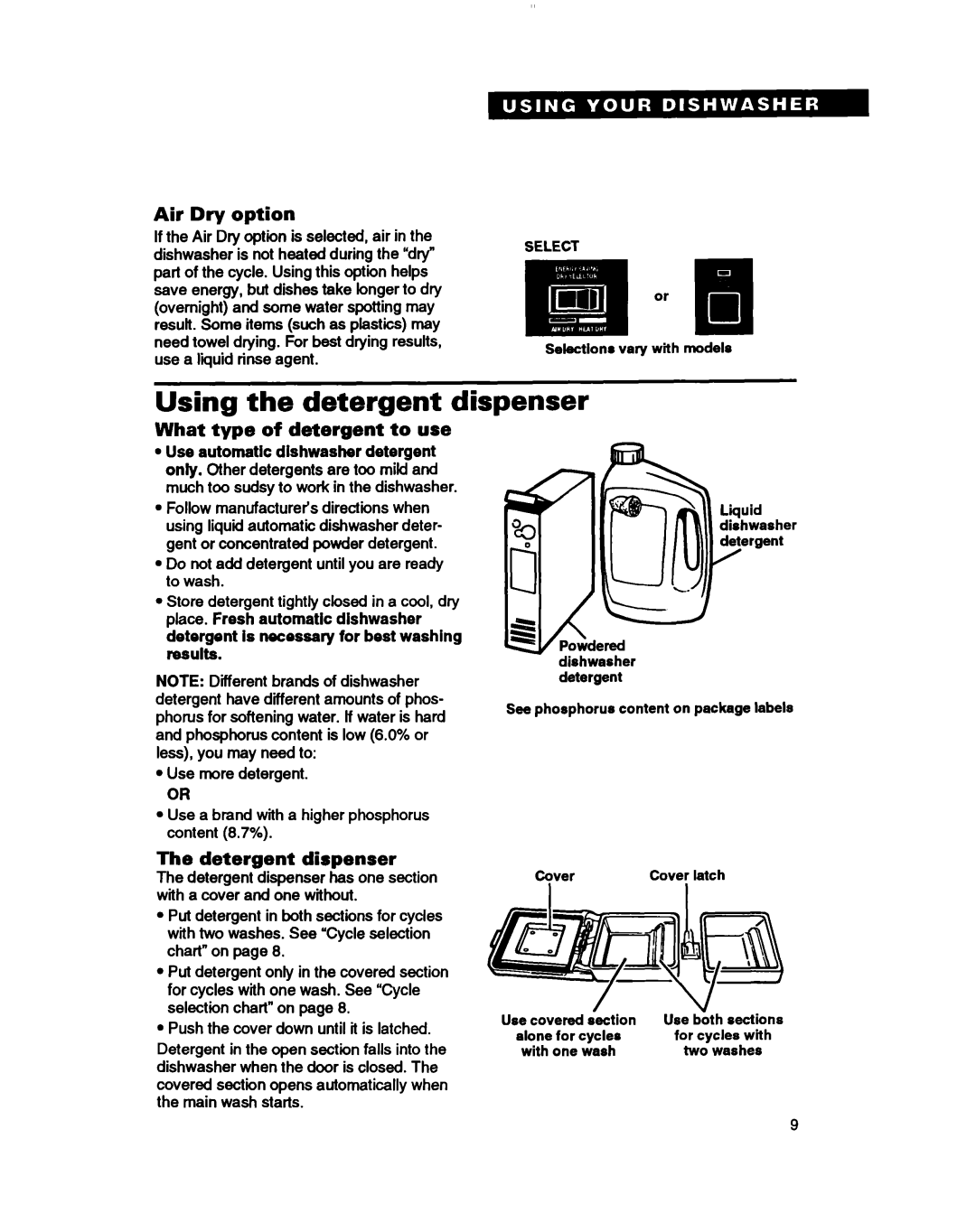 Whirlpool DU8400, DU4000 Using the detergent dispenser, Air Dry option, What type of detergent to use, Detergent dispenser 