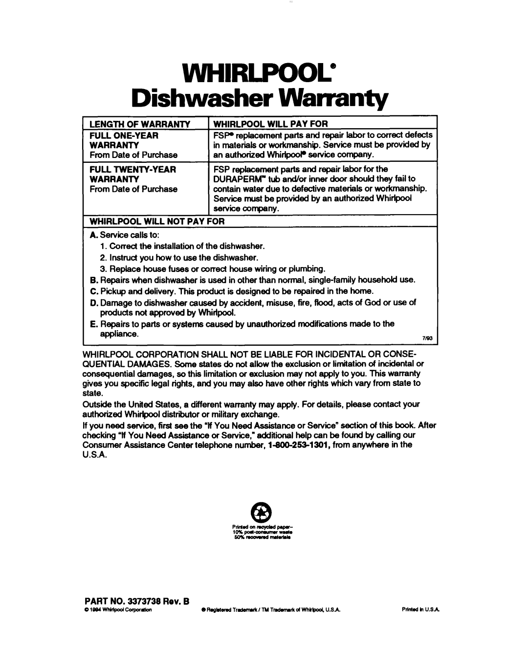 Whirlpool DU4000, DU8400, DU8100, DU8000 warranty Warranty, Dishwasher, Whirlpool” 