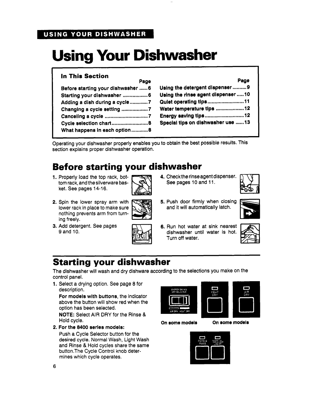 Whirlpool DU8100 Using Your Dishwasher, Before starting your dishwasher, Starting your dishwasher, In This, Section 
