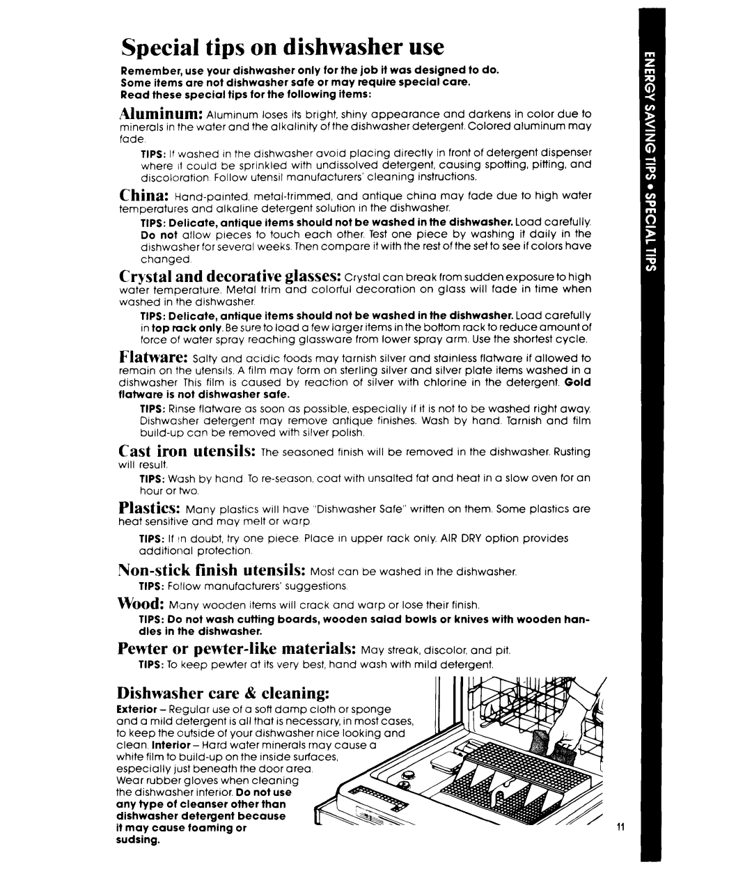 Whirlpool DU4000XR manual Special tips on dishwasher use, Dishwasher care & cleaning 