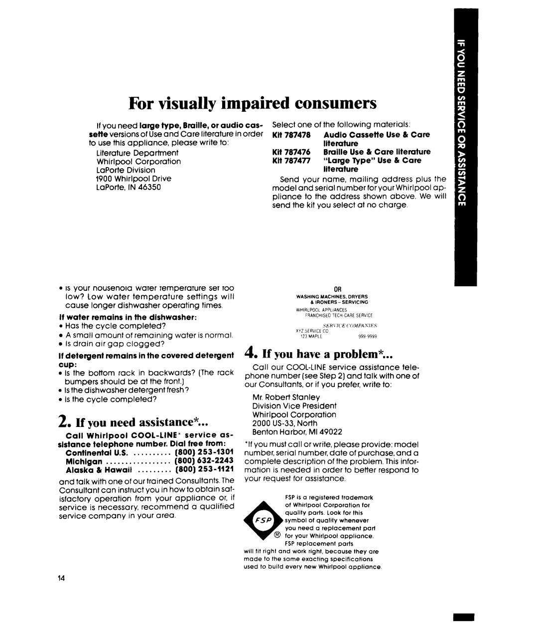 Whirlpool DU4000XR manual For visually impaired consumers 