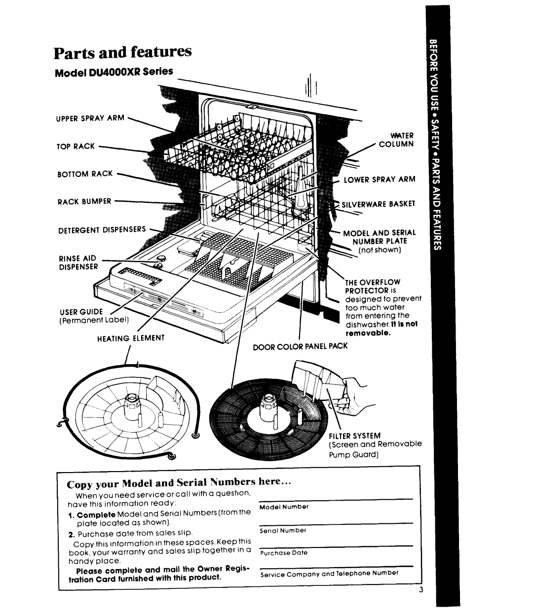 Whirlpool manual Parts and features, Model DU4000XR Series, Copy-- your- Model and Serial Numbers, here 