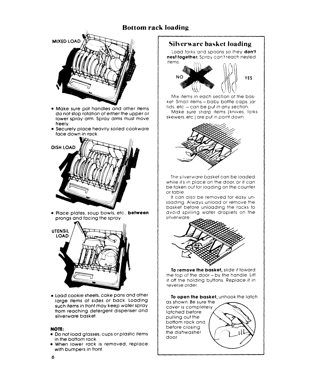 Whirlpool DU4000XR manual Bottom rack loading Silverware basket loading 
