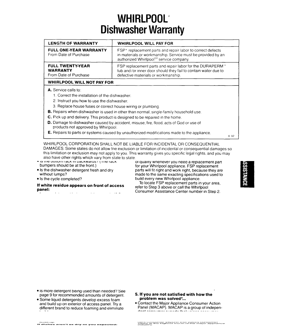 Whirlpool DU4000XY manual Pans and reparr labor to correct defects, From, By an, Comoanv, Due to, Purchase Defective 