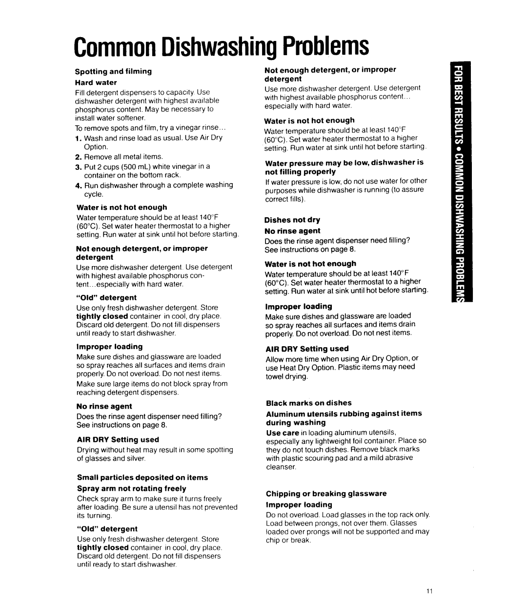 Whirlpool DU4000XY manual CommonDishwashingProblems 