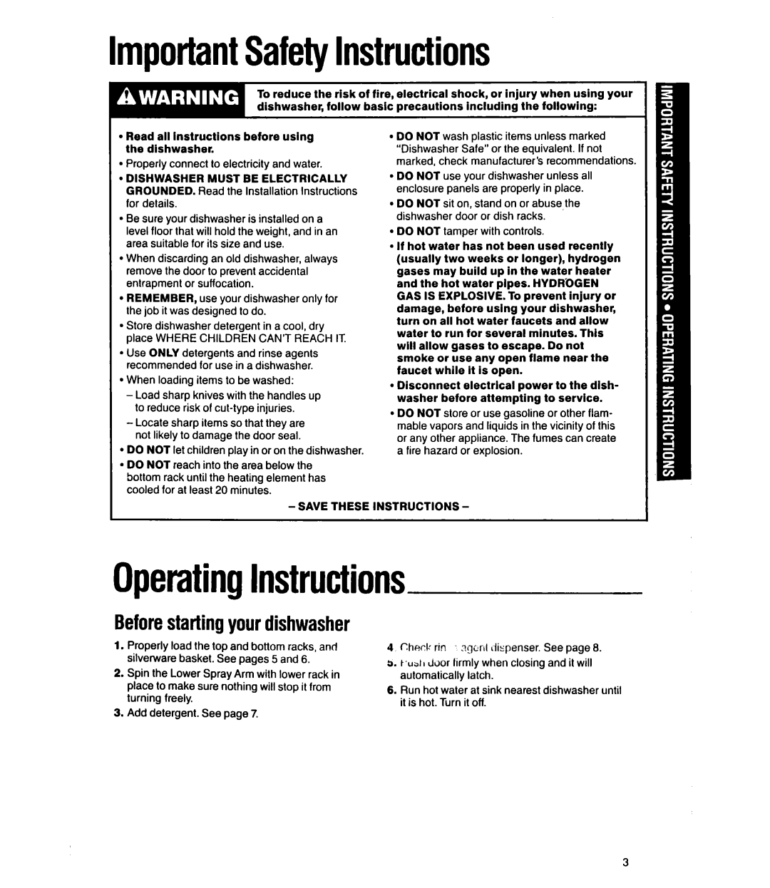 Whirlpool DU4000XY manual ImportantSafetyInstructions, OperatingInstructions, Beforestarting your dishwasher 