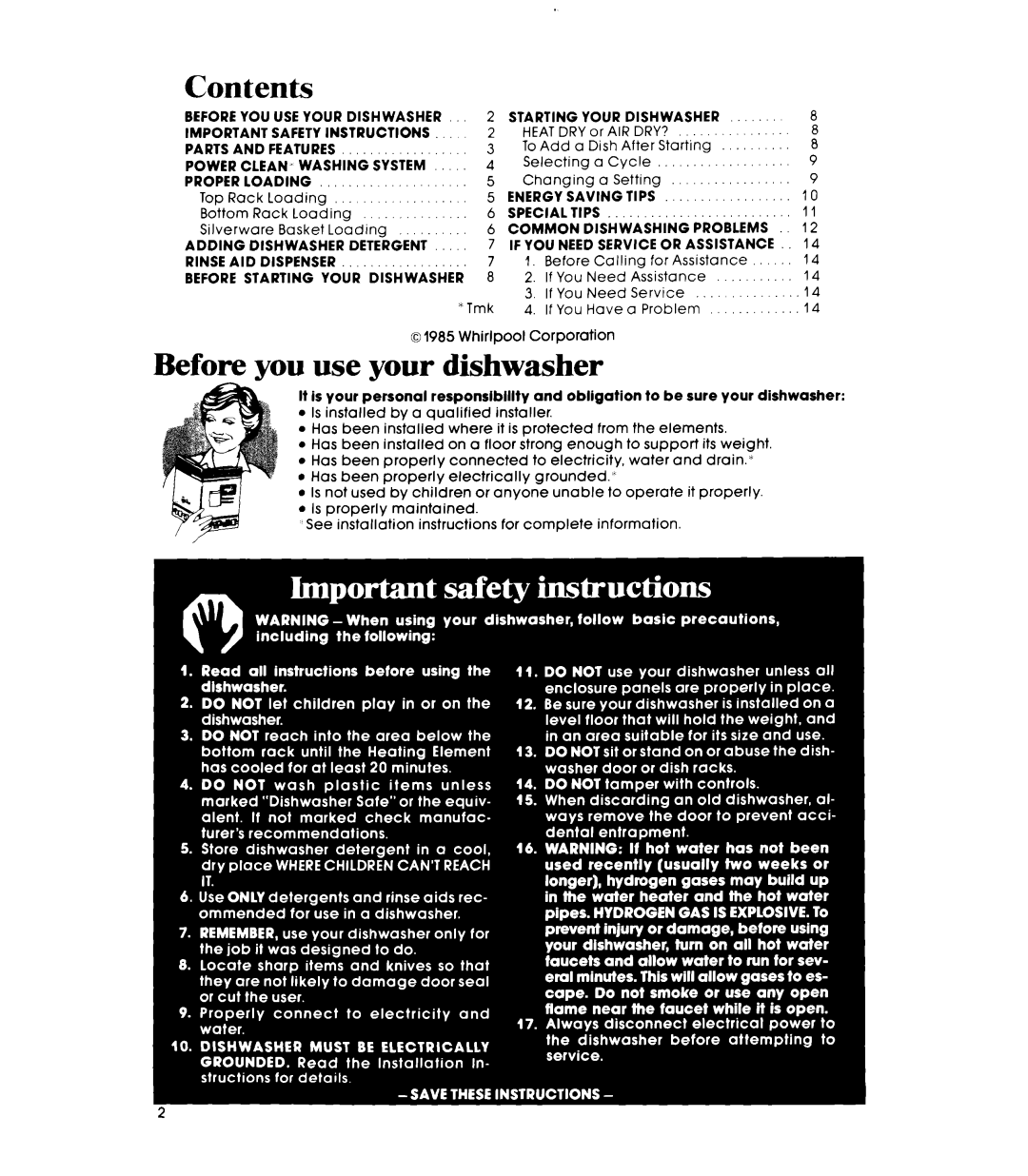 Whirlpool DU4003XL manual Contents 