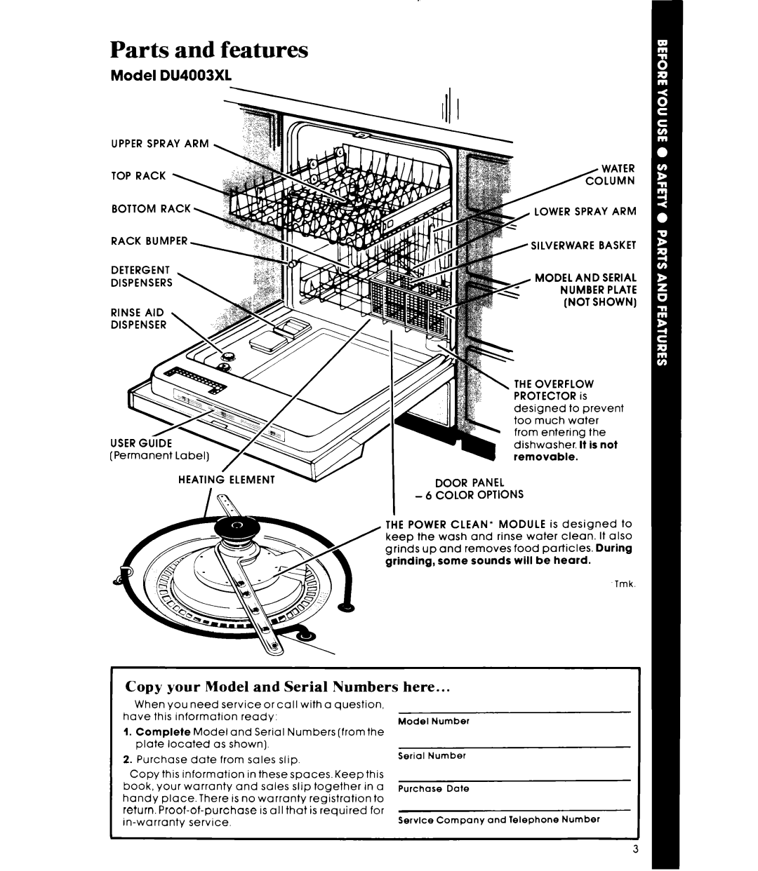 Whirlpool manual Parts and features, Model DU4003XL, Copy your Model and Serial Numbers, here 