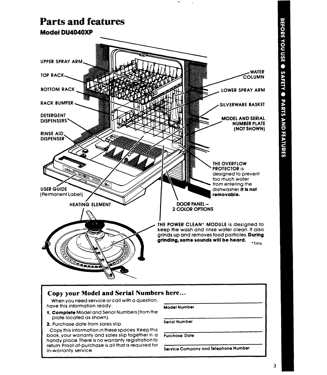 Whirlpool DU4040XP manual Parts and features, Copy your Model and Serial Numbers here 