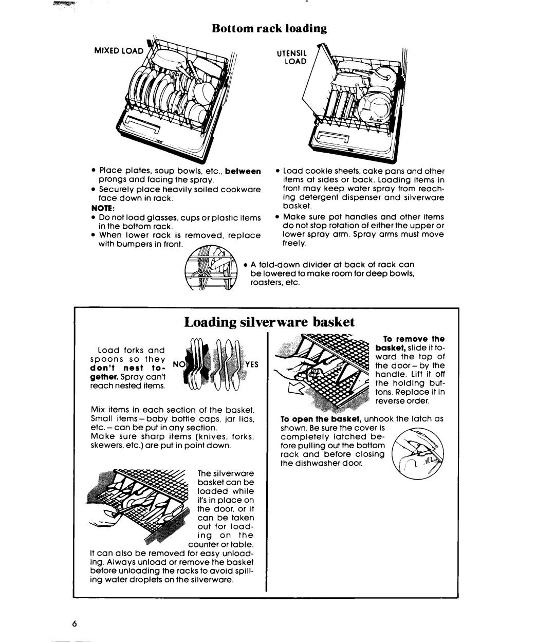 Whirlpool DU4040XP manual Loading silverware basket, Bottom rack loading 